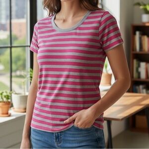 🌺 Pink & Gray Striped T-Shirt